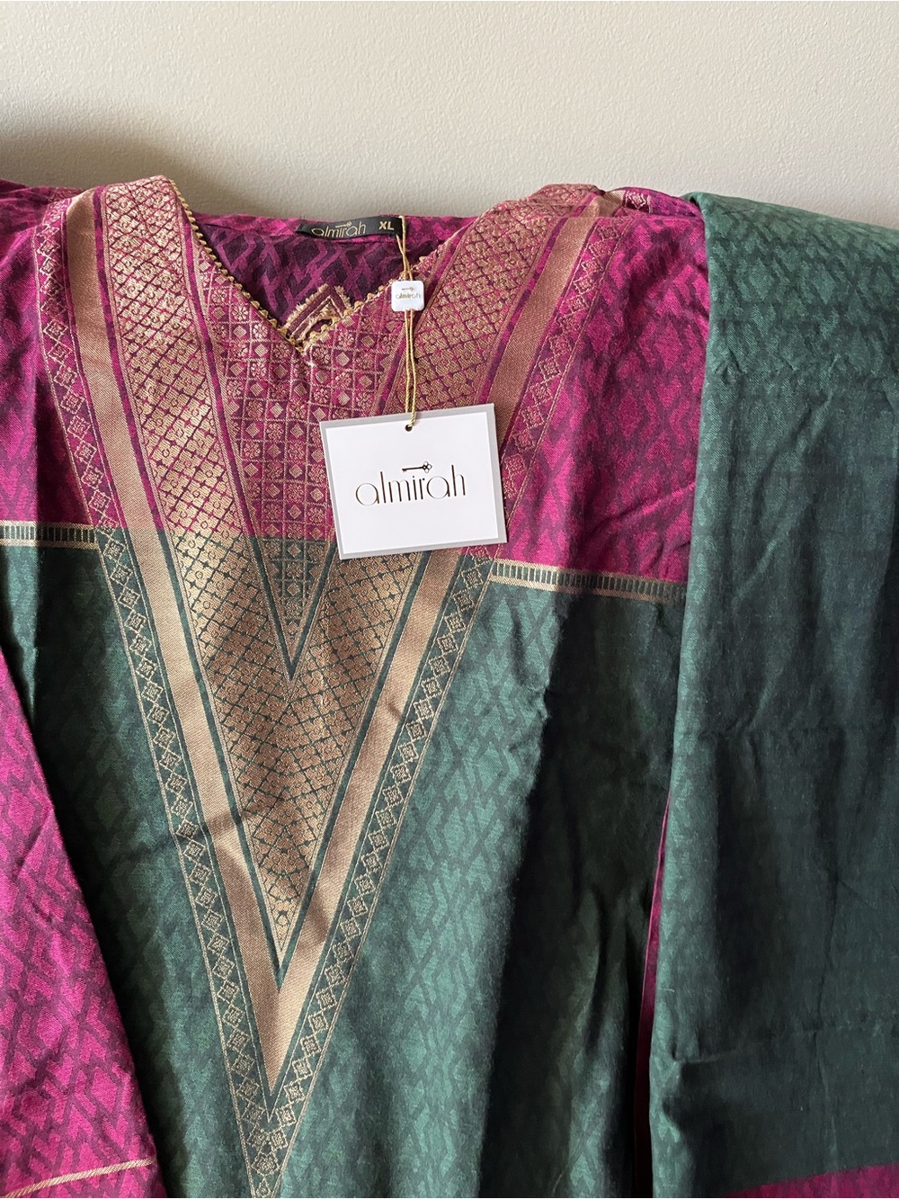 Almirah Green & Pink Long Sleeve Embroidered Maxi Dress